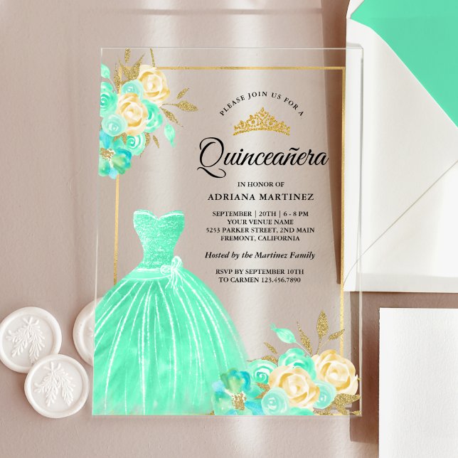 Zwergbraun-grüne Blütengoldquinceanera Acryleinladungen (Von Creator hochgeladen)