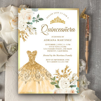 Zwerggarn Elfenbeinblume Gold Quinceanera Einladung