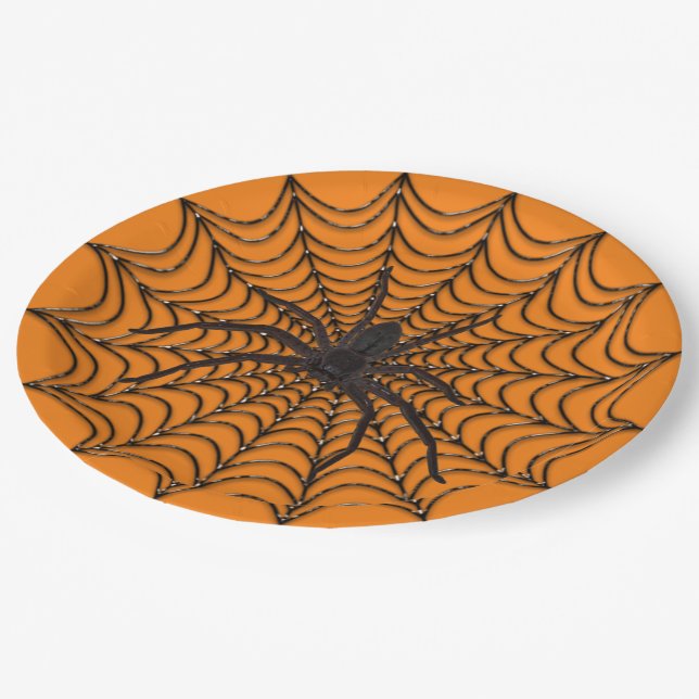 Zwergspinner-Netz und Schwarzer-Spinne-Halloween Pappteller (Schrägansicht)