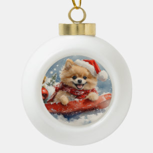Zwergspitz im Schlitten Lass es schneien Weihnacht Keramik Kugel-Ornament