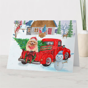 Zwergspitz im Weihnachtslieferwagen Schnee Karte