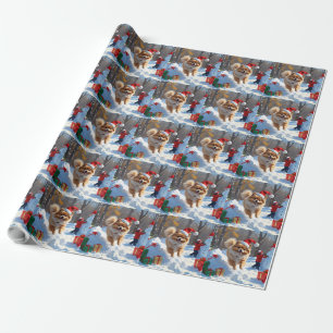 Zwergspitz läuft im Schnee mit Weihnachtsmütze Geschenkpapier