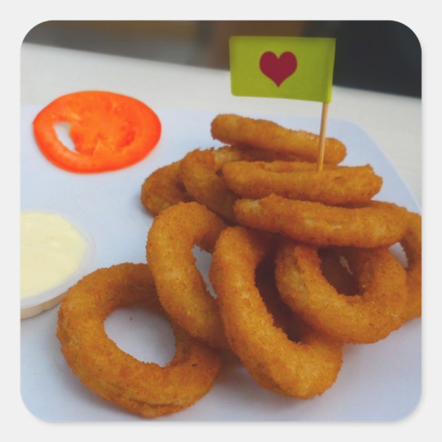 Zwiebeln mit Mayonnaise und Tomato Quadratischer Aufkleber (Vorderseite)