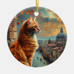 Zwielicht in Venedig   Rote Katze an einem Kanal Keramik Ornament