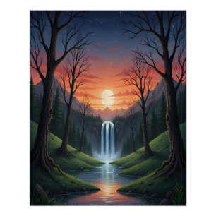 Zwielicht Wasserfall: Eine friedliche Waldlandscha Poster