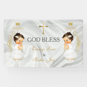 Zwilling Mädchen Taufe Christening Gold Banner