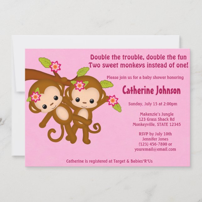 ZWILLING Monkeys Babyparty-Einladungen ROSA MM2 Einladung (Vorderseite)