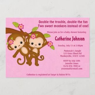 ZWILLING Monkeys Babyparty-Einladungen ROSA MM2 Einladung