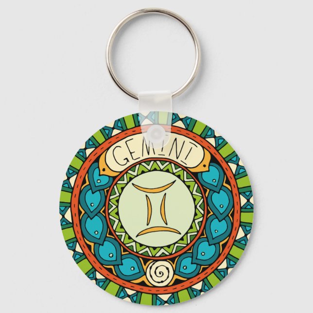 Zwillinge Gemini Sternzeichen farbenfrohes Mandala Schlüsselanhänger (Vorderseite)