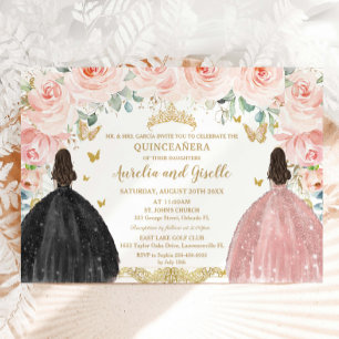 Zwillinge Quinceañera Prinzessin Erröten Floral Go Einladung