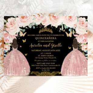 Zwillinge Quinceañera Prinzessin Erröten Floral Go Einladung