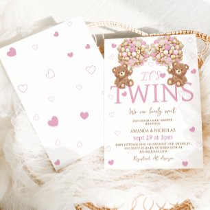 Zwillinge Rosa Bär Mädchen Ballons Babyparty  Einladung