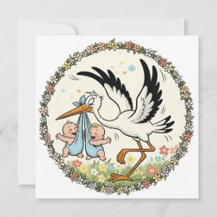 Zwillinge und Storch Vintage Design Einladung