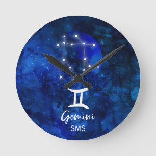 Zwillinge Zodiac Sternbild Blau Galaxie Monogramm Runde Wanduhr