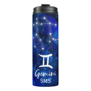 Zwillinge Zodiac Sternbild Blau Galaxie Monogramm Thermosbecher