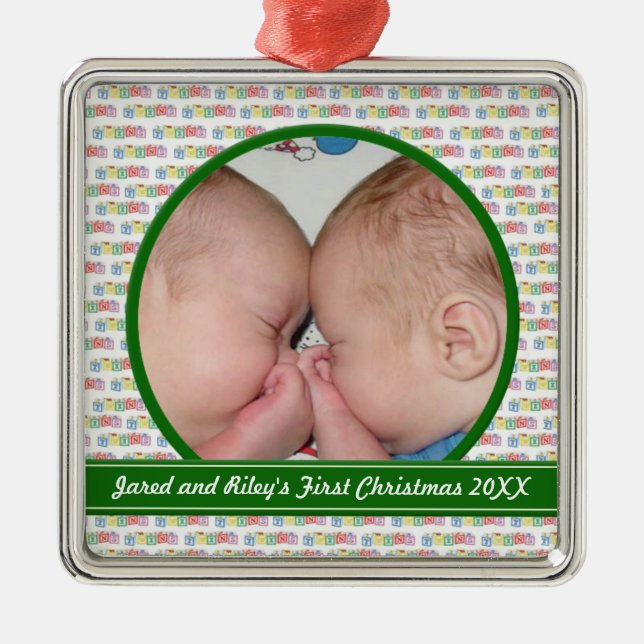 Zwillings-Block-erste Weihnachtsverzierung Ornament Aus Metall (Vorne)