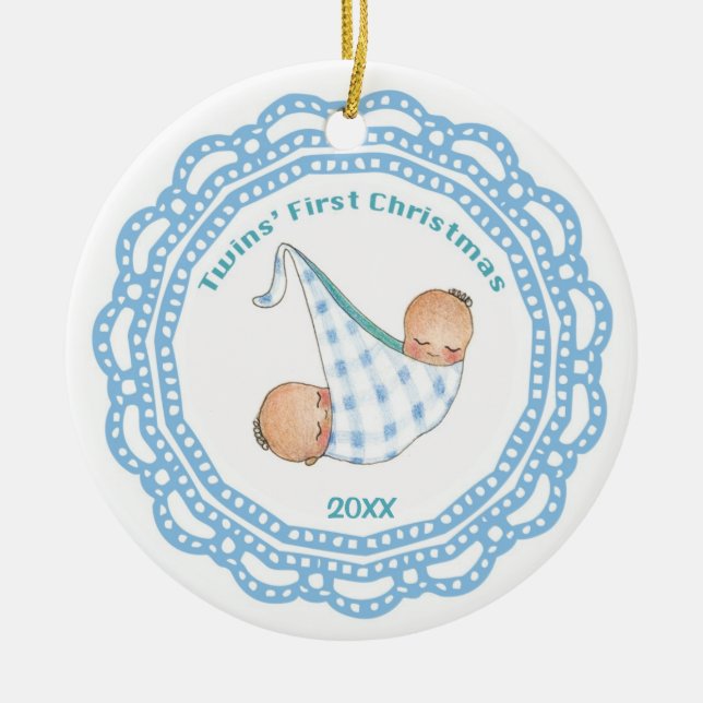 Zwillings-erste Weihnachtsjungen-Verzierung Keramikornament (Vorne)