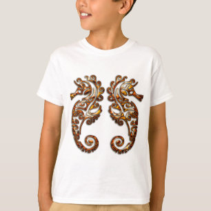 Zwillings-metallische Stammes- Seepferde T-Shirt