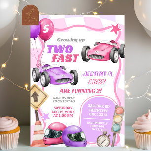 Zwillings-Rosa-Rennwagen-Zwei-Schnelle-Mädchen-2.- Einladung