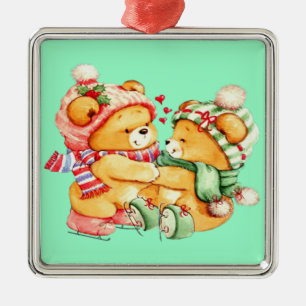 Zwillings-Teddybär-Weihnachtsverzierung Silbernes Ornament