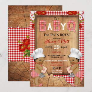 Zwillingsbabys in rotem Gingham-Holz-Baby-Q-Grill Einladung