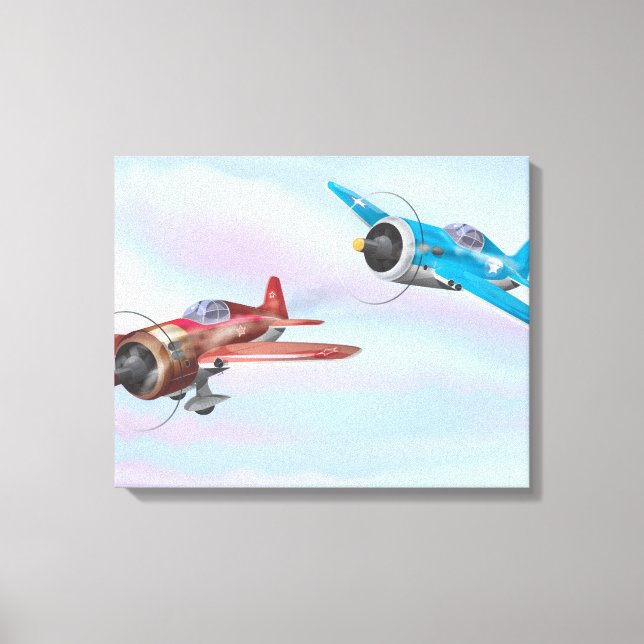 Zwillingsflugzeug mit Cartoon Leinwanddruck (Vorderseite)