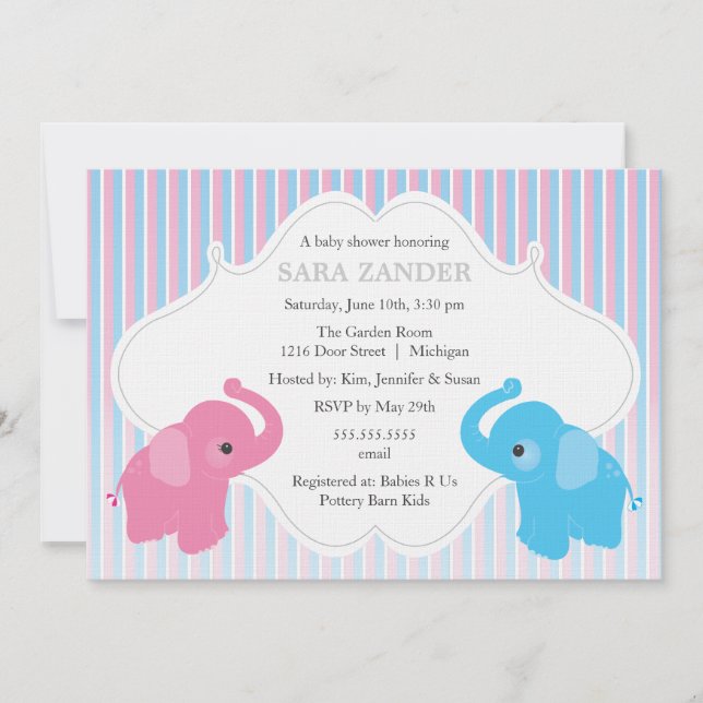 Zwillingsjunge und Mädchen Elefant Babydusche Einl Einladung (Vorderseite)