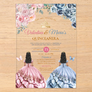 Zwillingskleid Quinceañera 15 Jahre Blumen Gold Acryleinladungen