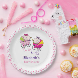 Zwillingsmädchen-Kinderwagen-Baby-Party Pappteller