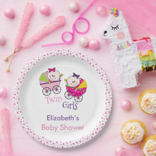 Zwillingsmädchen-Kinderwagen-Baby-Party Pappteller