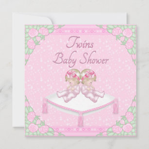 Zwillingsmädchen, Kissen und Rose Pink Babydusche Einladung