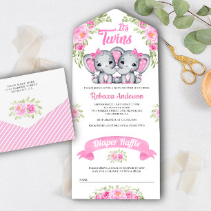 Zwillingsmädchen Rosa Blumen Elefant Baby Shower All In One Einladung