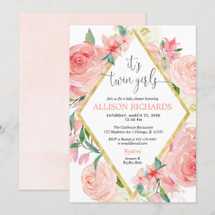 Zwillingsmädchen Rosa goldfarbene Aquarelldusche Einladung
