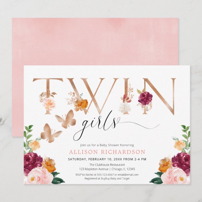 Zwillingsmädchen Schmetterling Rose Gold Rosa Einladung (Vorne/Hinten)