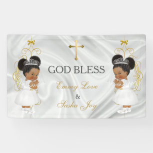 Zwillingsmädchen Taufe Christening Gold Ethnisch Banner
