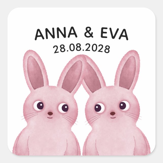 Zwillingsparty mit Pink Bunnies Quadratischer Aufkleber (Vorderseite)