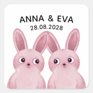 Zwillingsparty mit Pink Bunnies Quadratischer Aufkleber