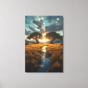 Zwillingswächter – Goldenes Wiesen-Sonnenuntergang Leinwanddruck