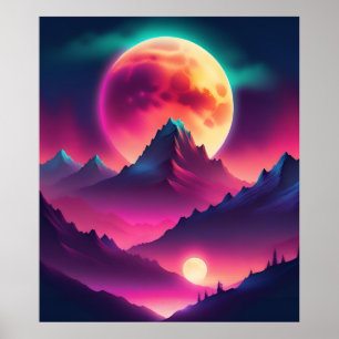 Zwischen den Bergen erhebender Mond Poster