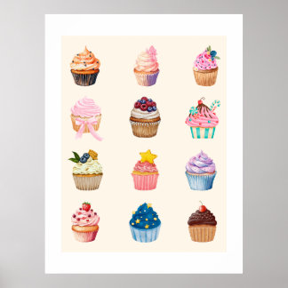 Zwölf Aquarell-Cupcakes Poster