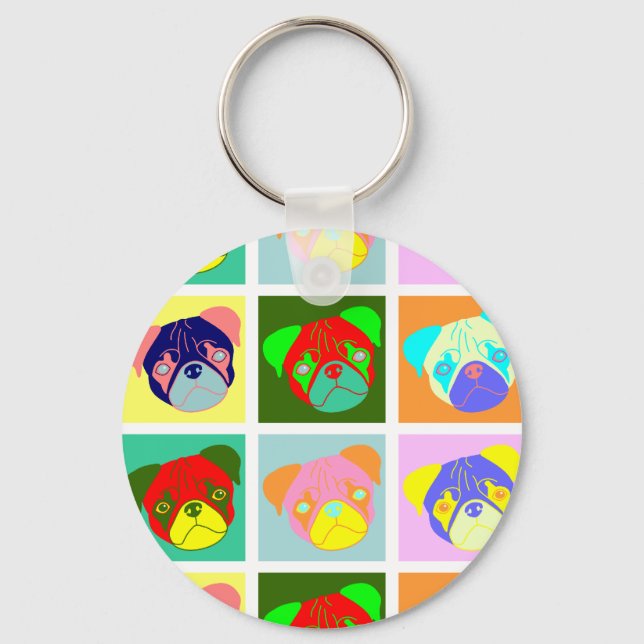 Zwölf farbige Mops Hunde Schlüsselanhänger (Vorderseite)