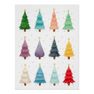 Zwölf festliche Weihnachtsbäume, Aquarell Poster