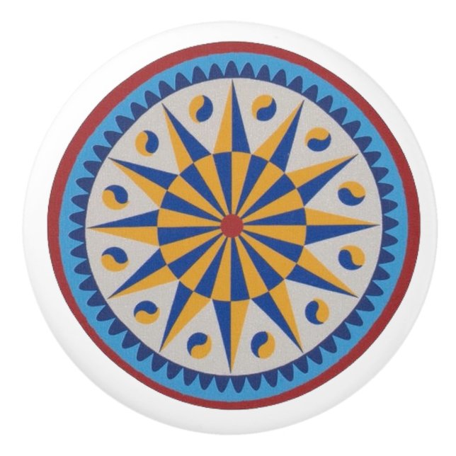 Zwölf Punkte Star Pennsylvania Dutch Hex Sign Knob Keramikknauf (Vorderseite)