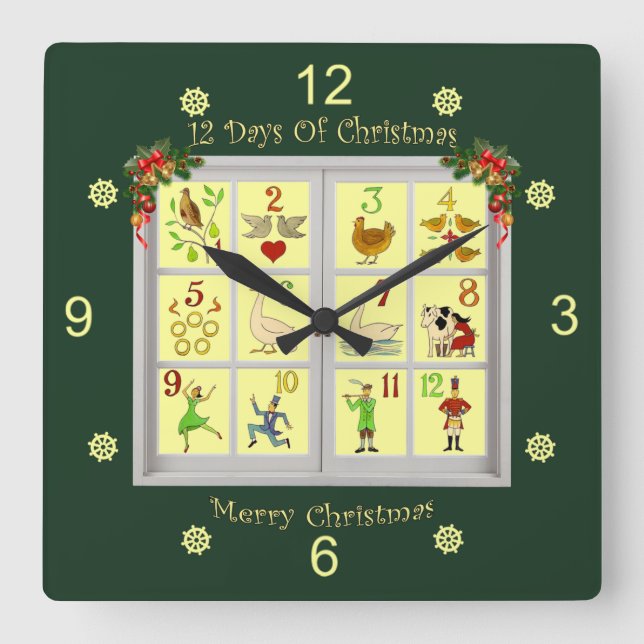 Zwölf Tage Weihnachtsfenster ~ Quadratische Wanduhr (Vorderseite)