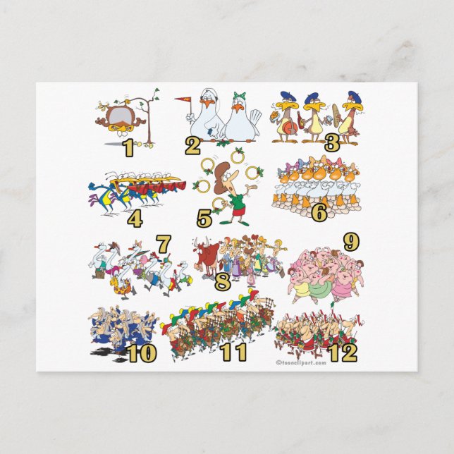 Zwölftage Weihnachtslied Cartoon Feiertagspostkarte (Vorderseite)