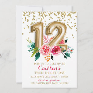 Zwölftel Birthday Gold Foil Balloons Floral Einladung