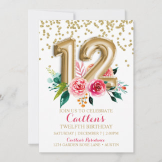 Zwölftel Birthday Gold Foil Balloons Floral Einladung