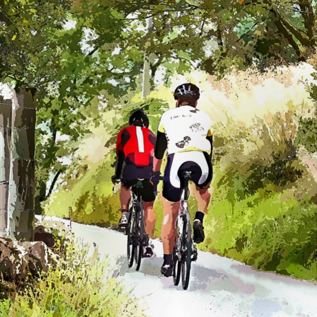 ZYKLING FOTOPLATTE (Two road racing cyclists enjoying the country lanes of Wales. Watercolor.)