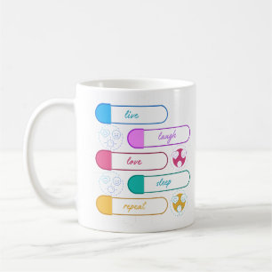 Zyklus des Lebens: Leben, Lachen, Liebe, Schlaf, w Kaffeetasse