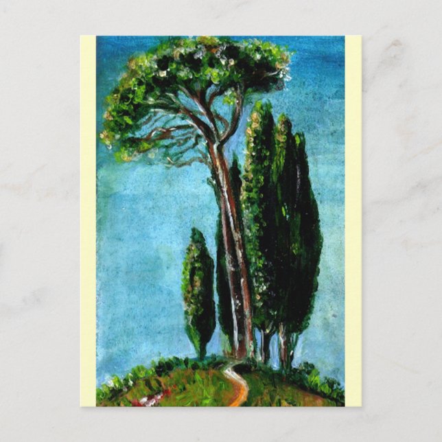 ZYPRESSEBÄUME UND MEDITERRANISCHER PINE IN DER Tos Postkarte (Vorderseite)